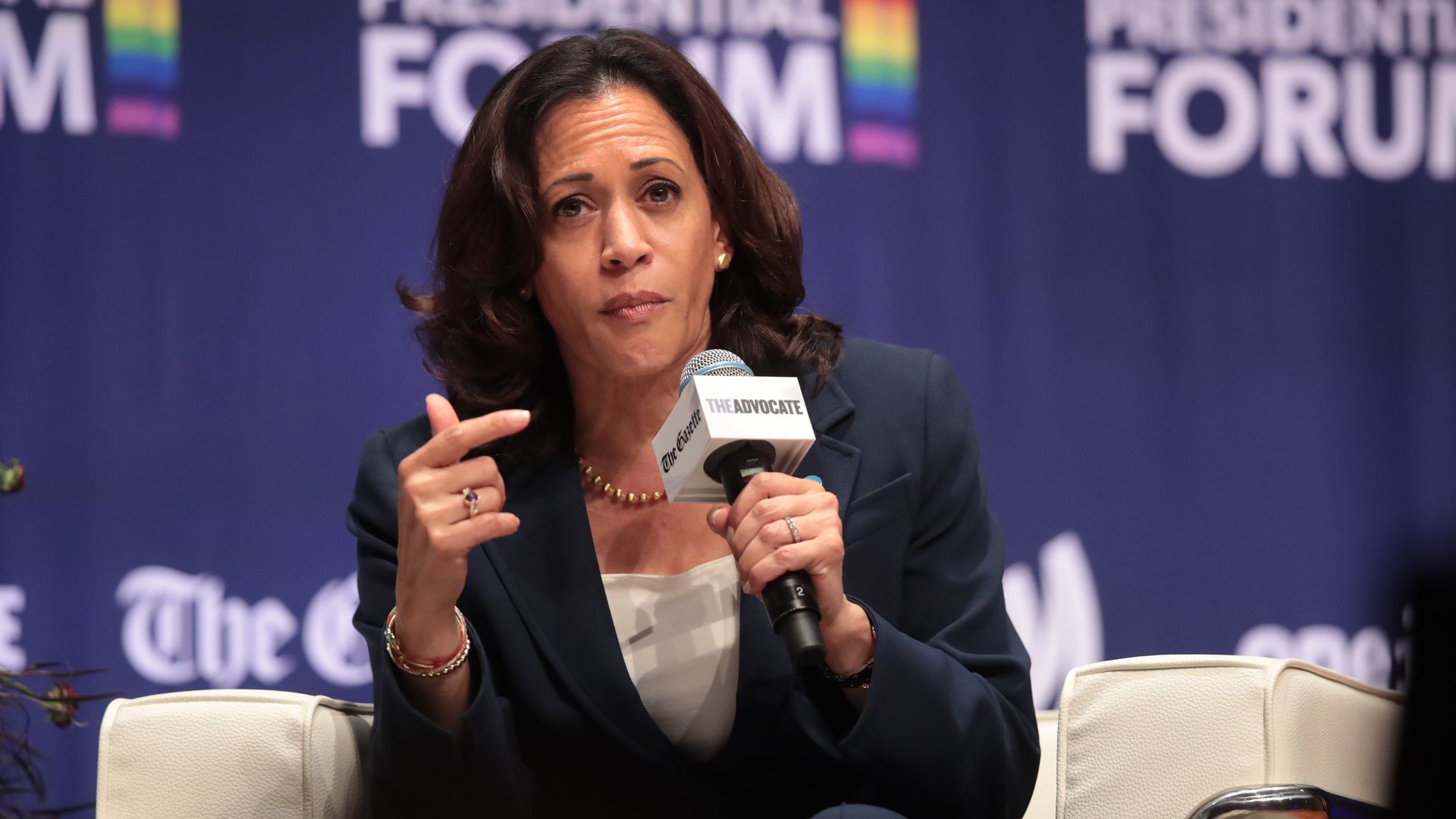 Democratic presidential candidate and California senator Kamala Harris speaks at an LGBTQ presidential forum at Coe College’s Sinclair Auditorium on September 20, 2019 in Cedar Rapids, Iowa. 