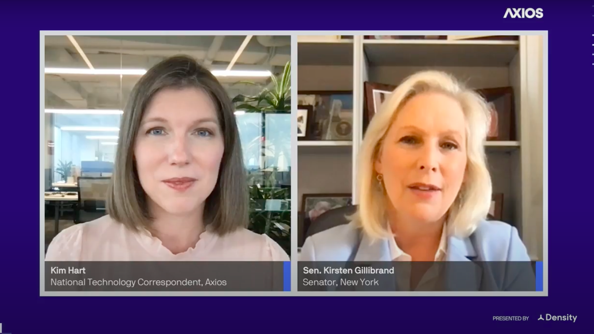 Screenshot of Axios' Kim Hart and Sen. Kirsten Gillibrand on a video chat meeting