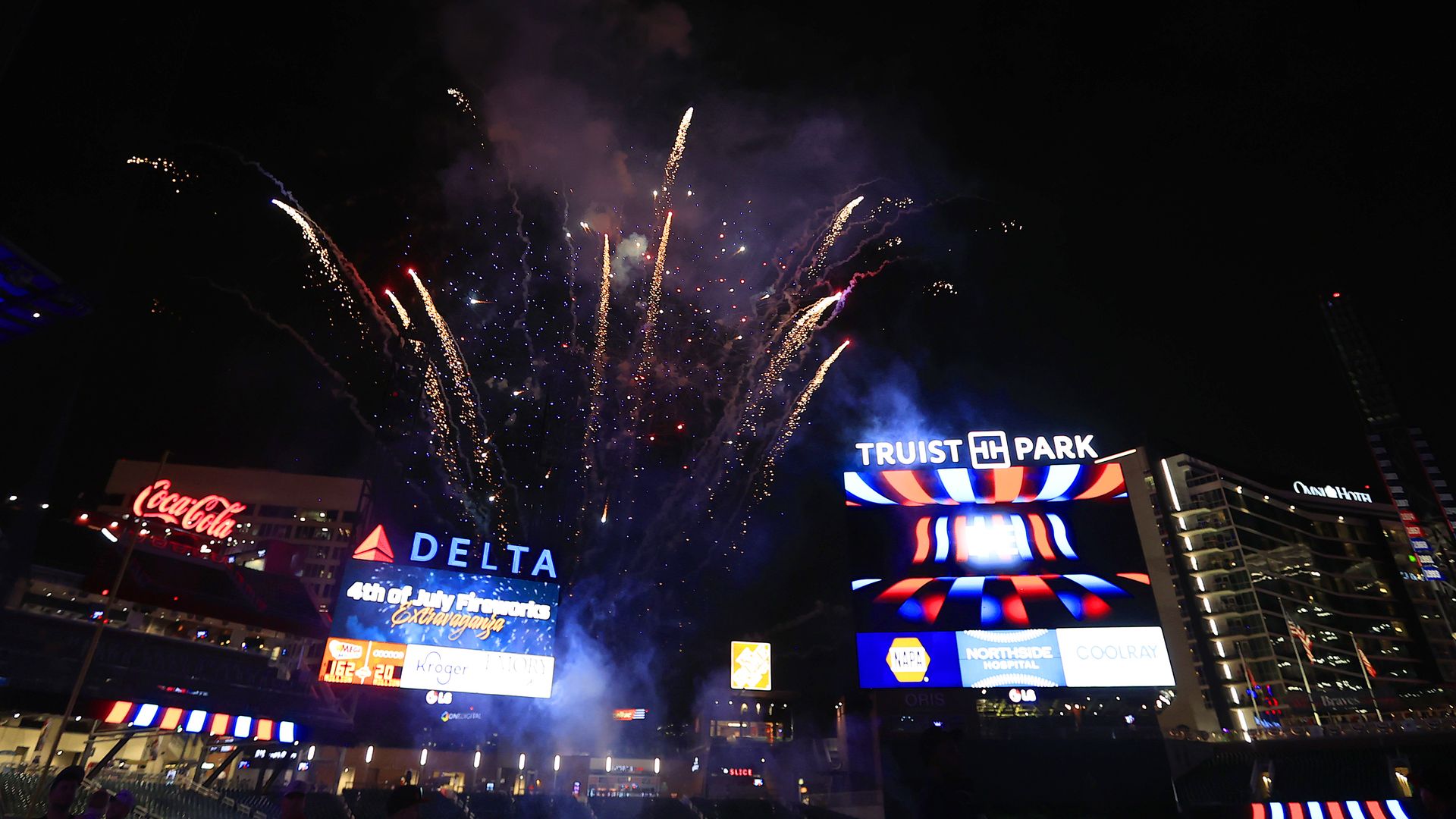 Fireworks are displayed at Truist Park on July 4, 2024 in Atlanta, Georgia.