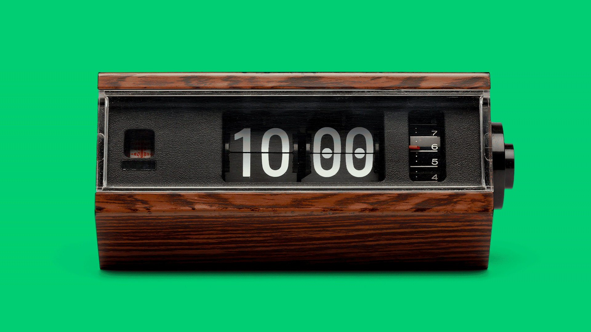 Illustration of a classic analog alarm clock reading 10:00 with shifty, heavy eyes inside the digits