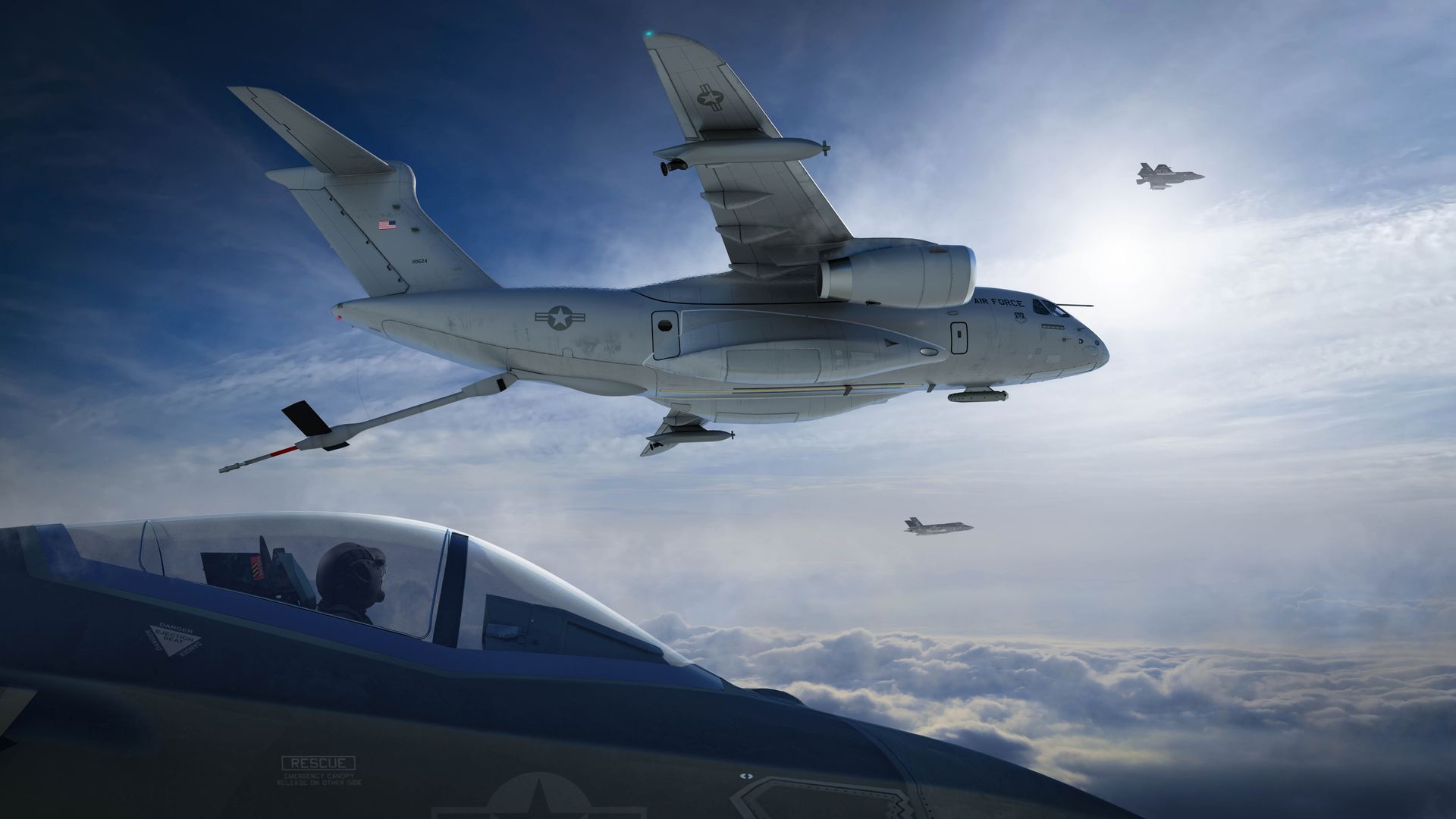 Multiple military aircraft flying above clouds in a blue sky with sun. Foreground shows a jet with visible cockpit and pilot, middle shows a refueling plane, and two jets in the distance.