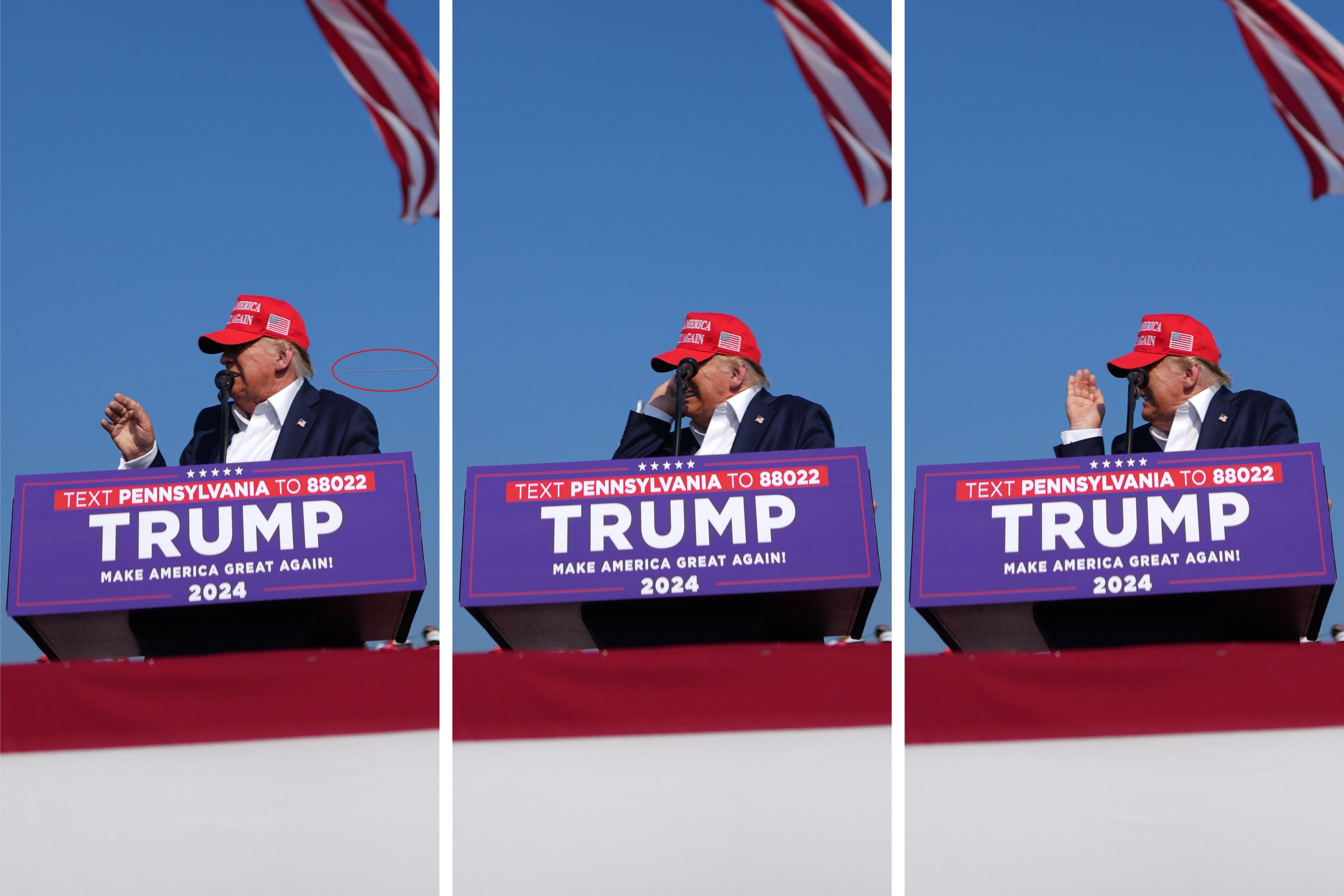 A series of three images shows the moment when President Donald Trump realized he had been injured and, circled in red, what may be the blur of a bullet, during the attempted assassination at a campaign rally in Butler, Pa., July, 13, 2024.
