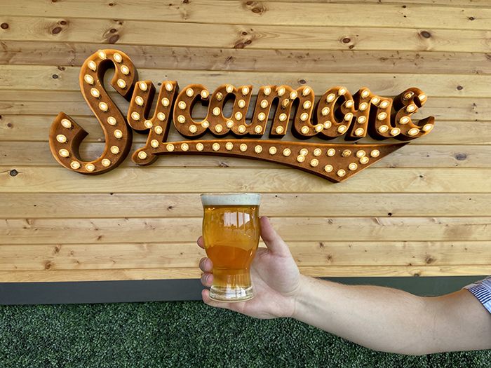 Sycamore sign on the second-floor biergarten.