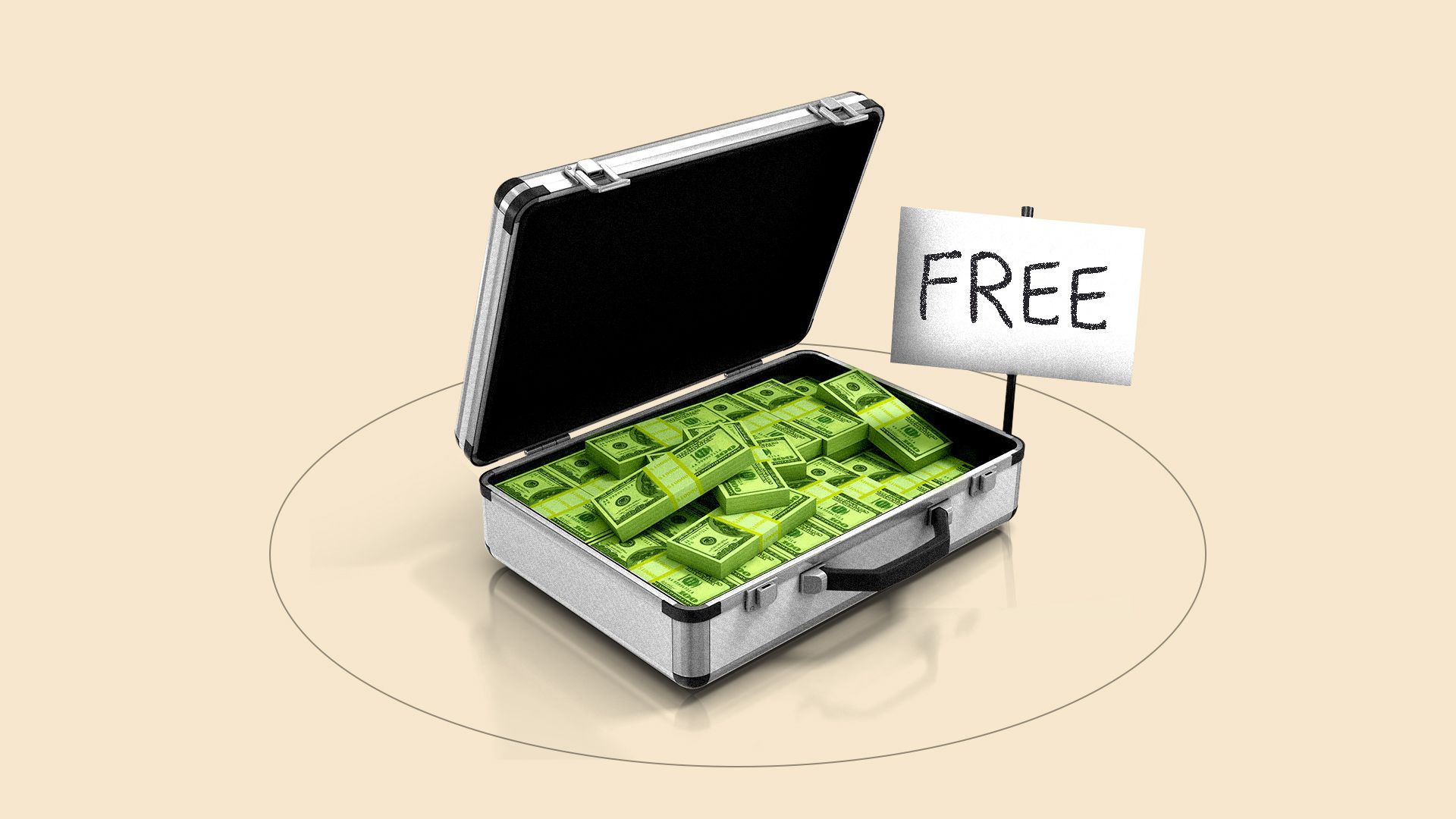 Illustration of a suitcase full of money with a sign that says free on a trap door. 