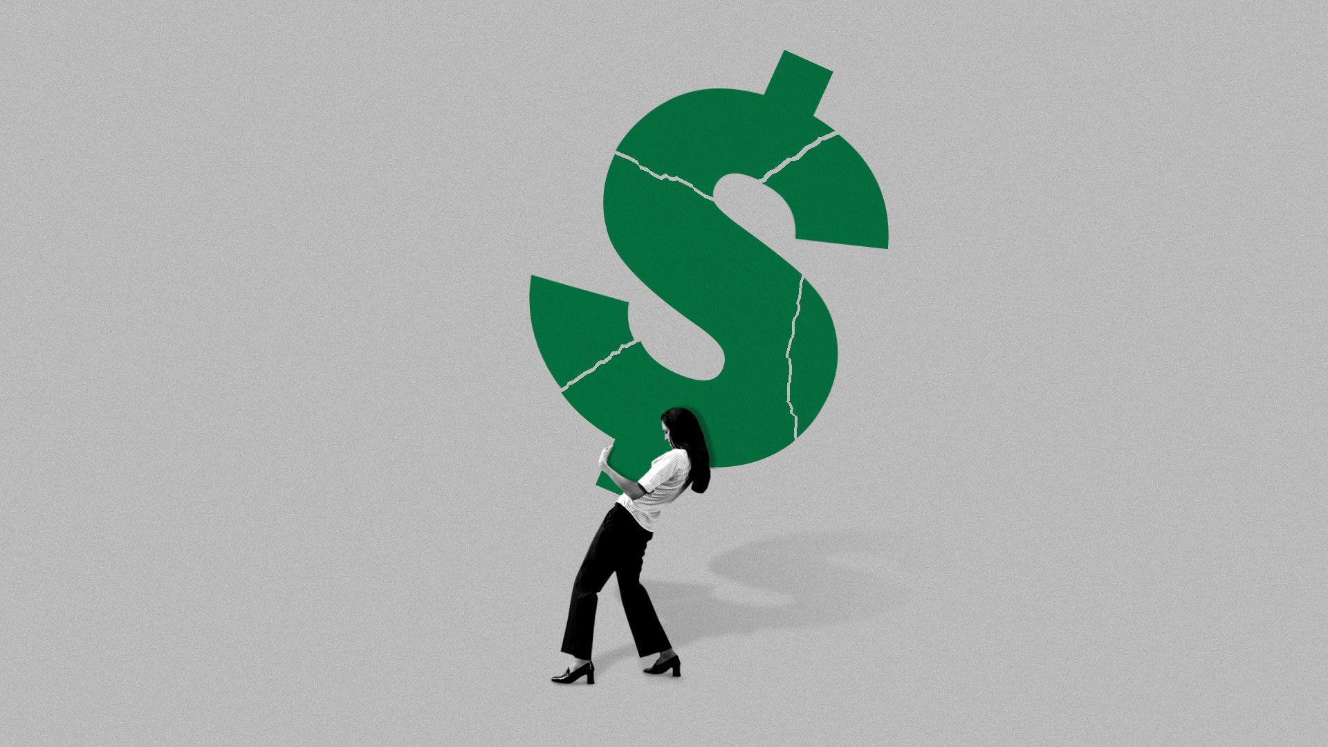 Illustration of woman struggling under the weight of crumbling dollar sign