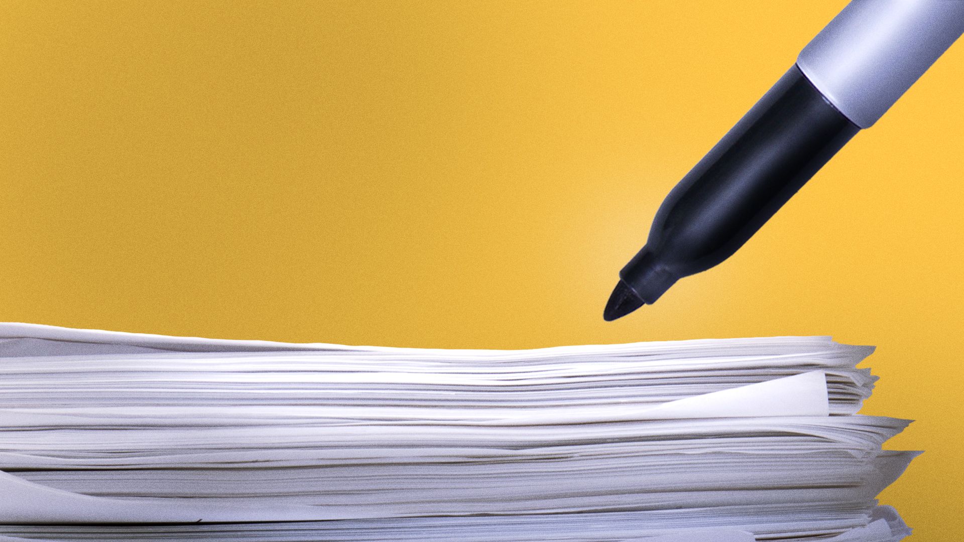 Illustration of a large black, felt-tip permanent marker poised above a stack of paper.