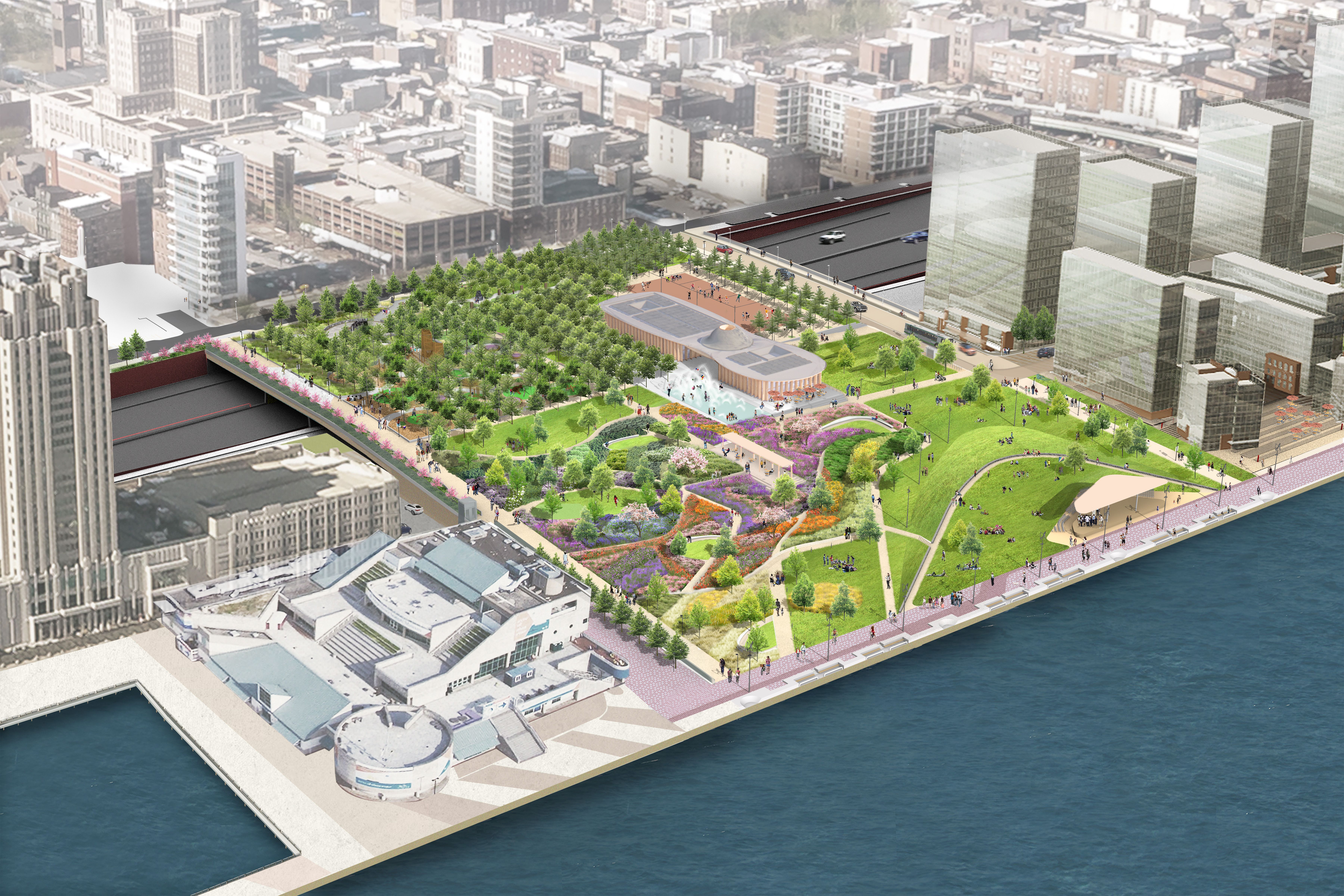 An aerial view of the new 11.5- acre Park at Penn's Landing on the Delaware River.  