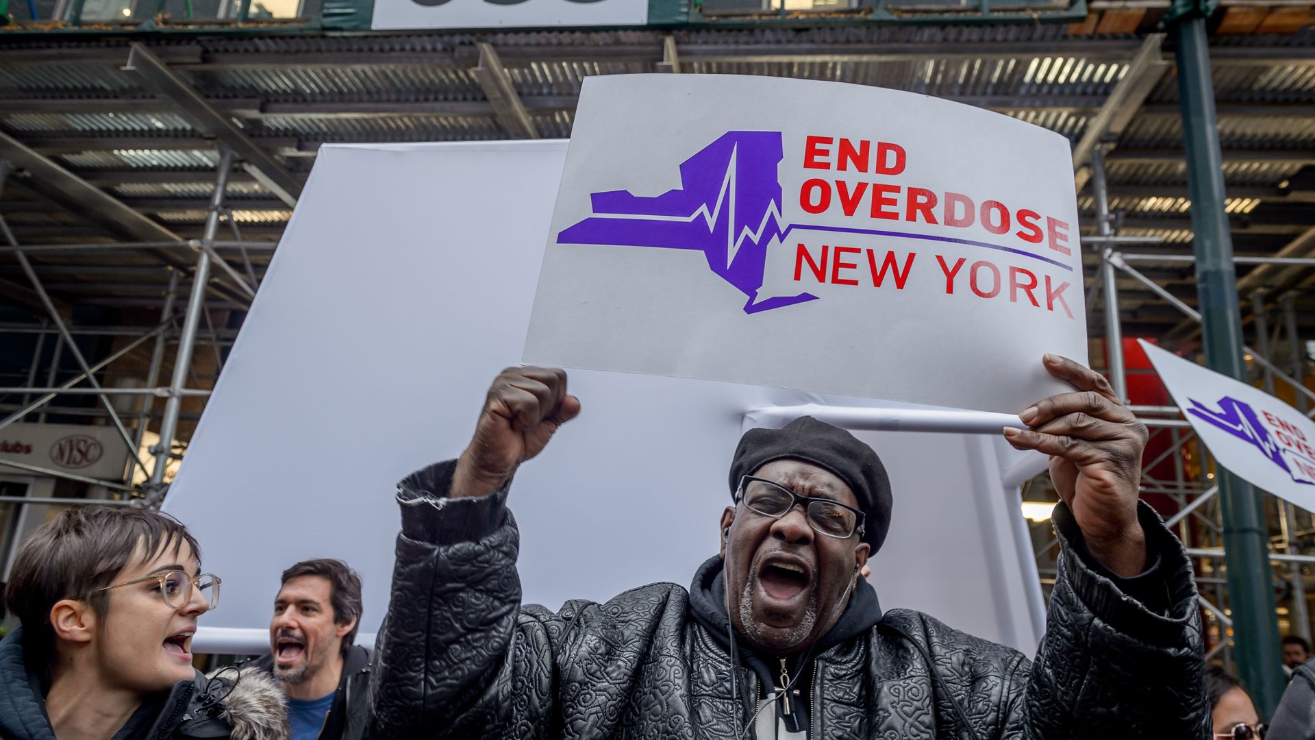 People advocating for new drug policies, such as safe injection sites, to prevent overdoses in New York City in November 2018.