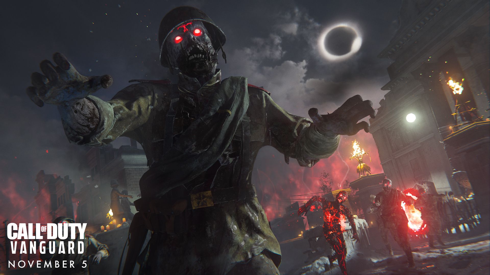 Video game screenshot of a zombie soldier walking toward the camera, arms outstretched