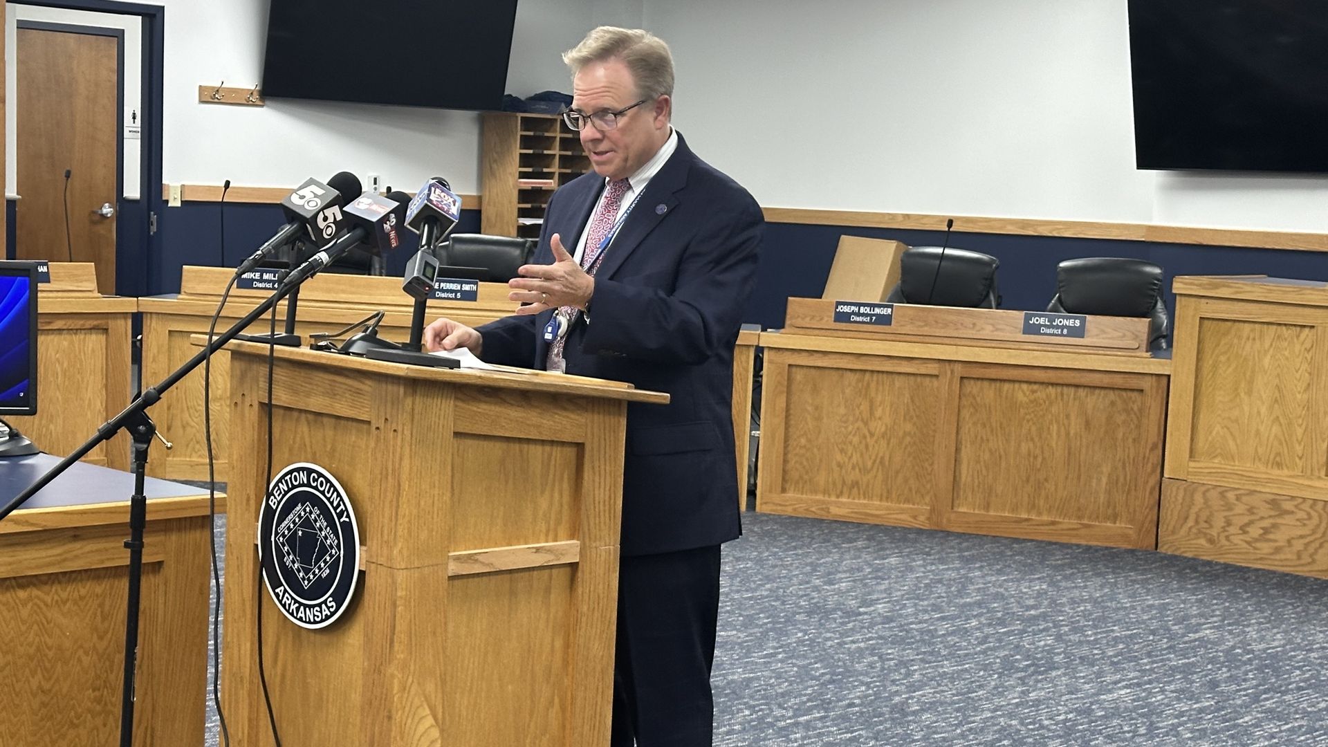 Benton County Judge Barry Moehring speaks to reporters.