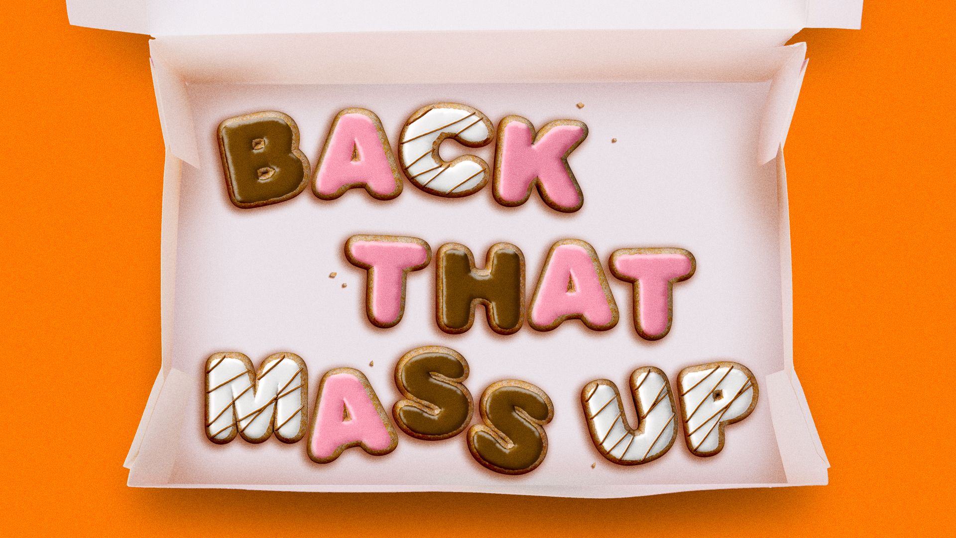 Illustration of an open box of donuts that spell "Back That Mass Up." 