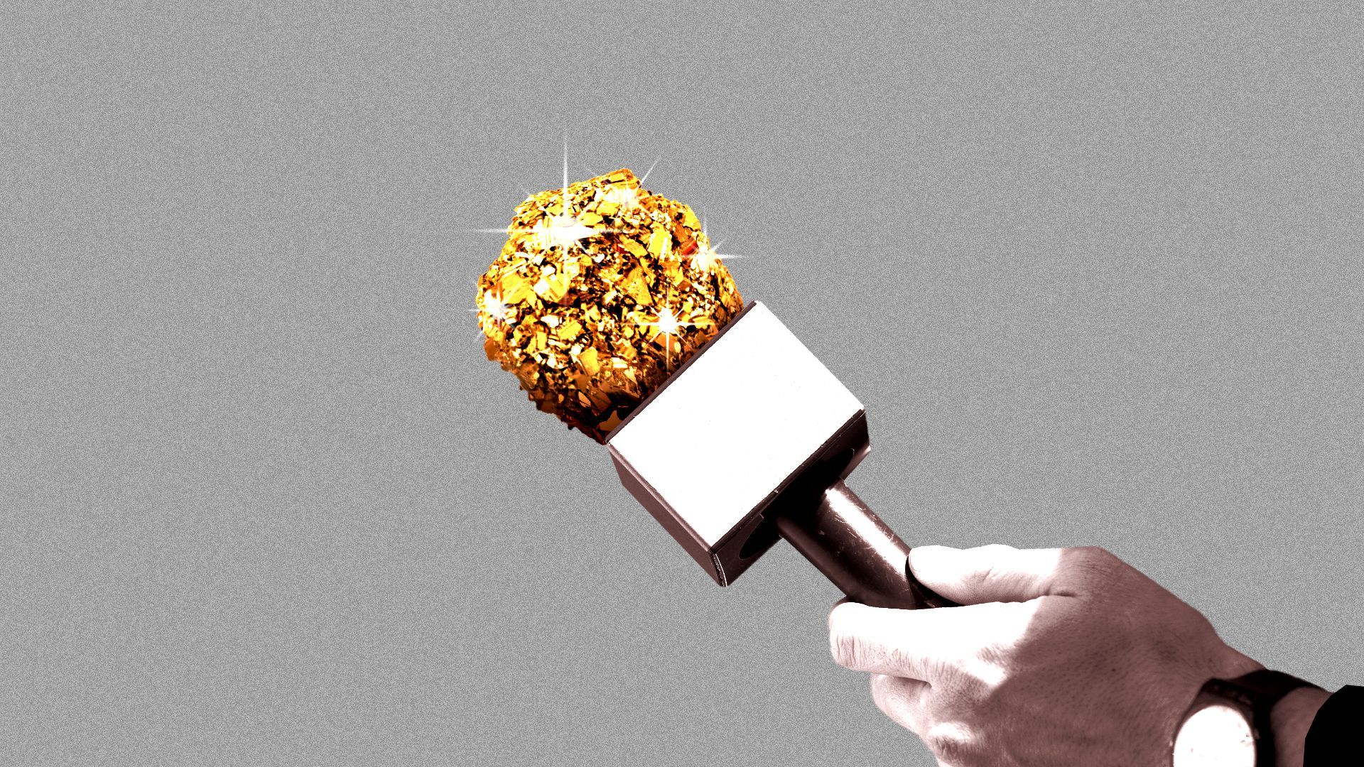 Illustration of a news microphone with a gold nugget for a top