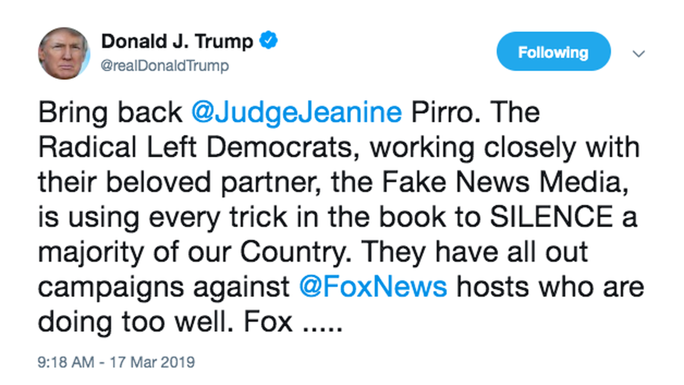 Trump Defends Fox News' Jeanine Pirro After Islamophobic Comments