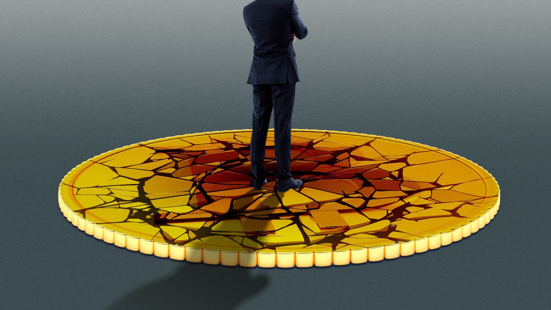 Illustration of a business person standing on a crumbling cryptocoin.