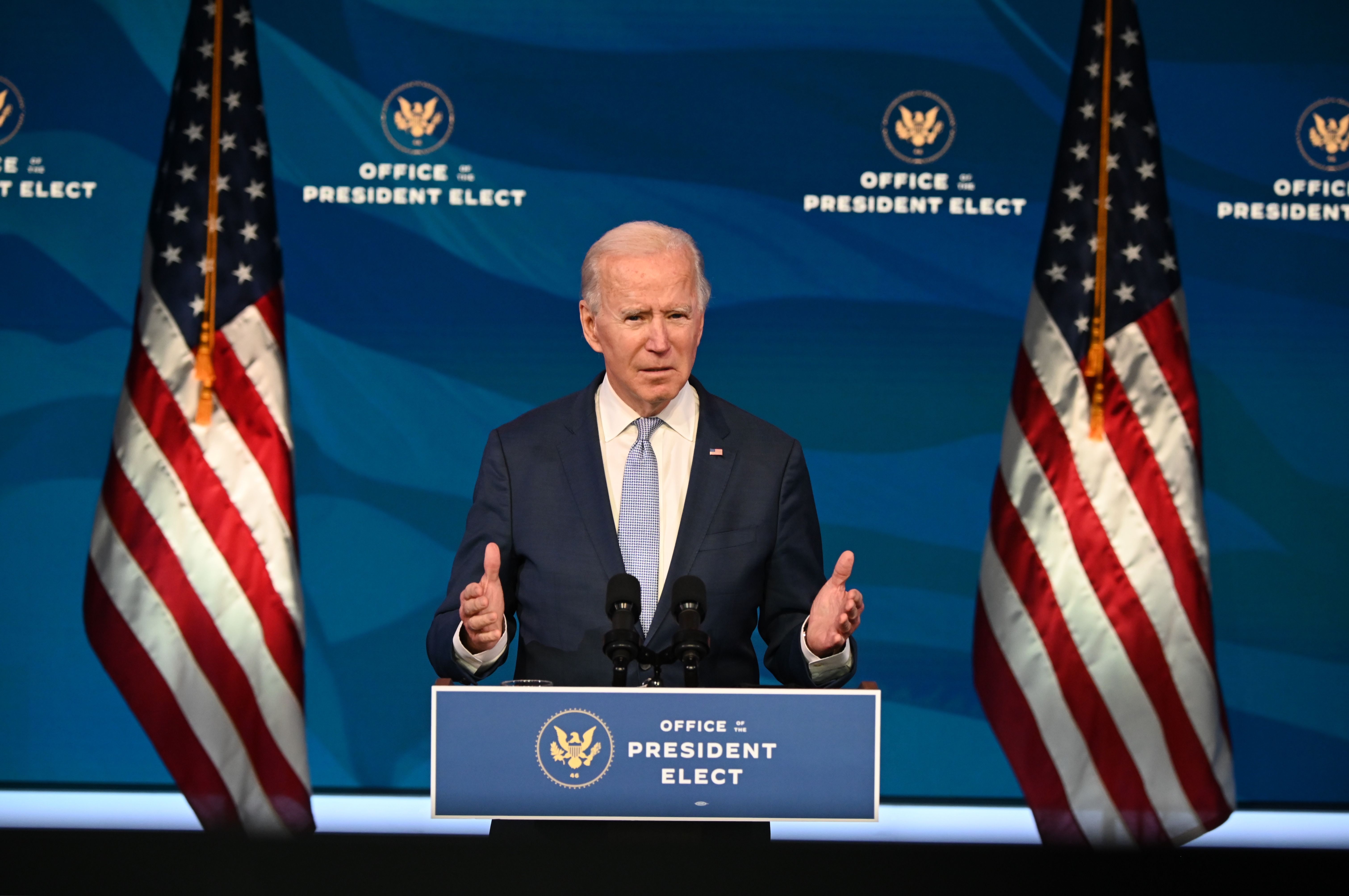 President-elect Joe Biden speaks at the Queen Theater on January 6, 2021, in Wilmington, Delaware.