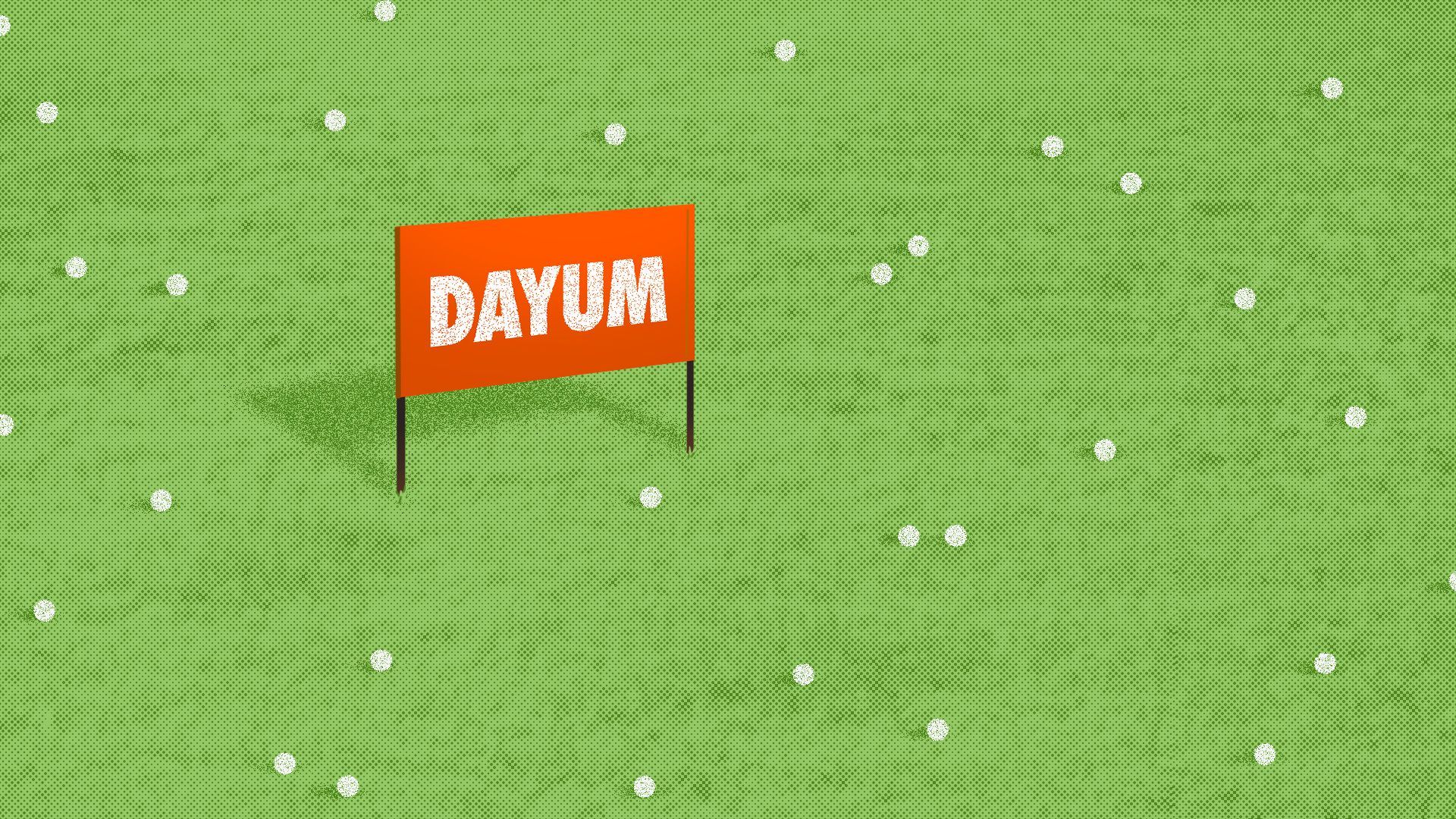 A golf driving range sign reading 'Dayum'