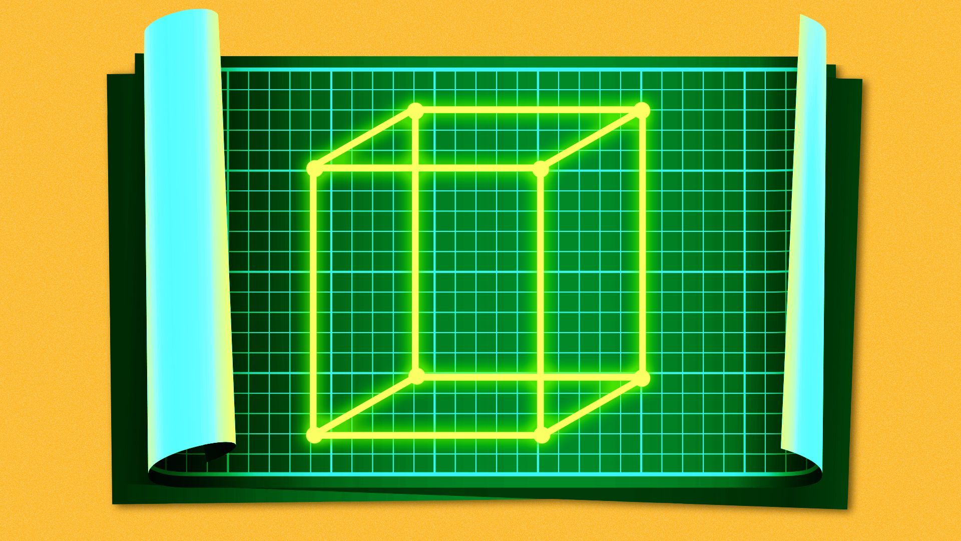 Illustration of blueprint papers laid out to show a glowing wireframe cube in the plans.