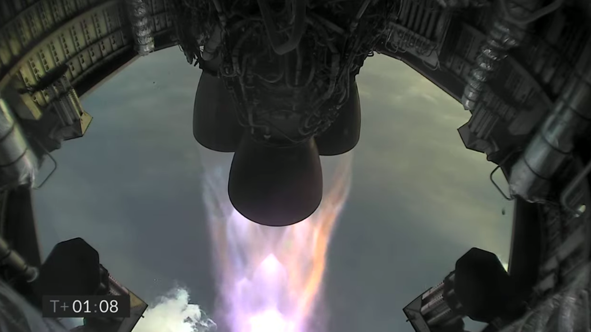 The rocket engines of a prototype SpaceX Starship upon takeoff