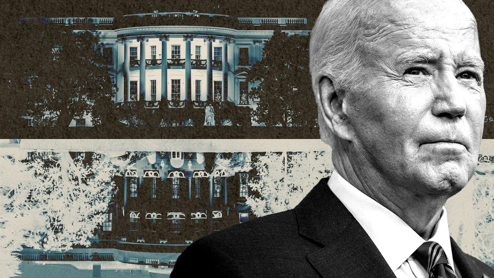 Photo illustration of Joe Biden in front of two images of the White House, one flipped and inverted.