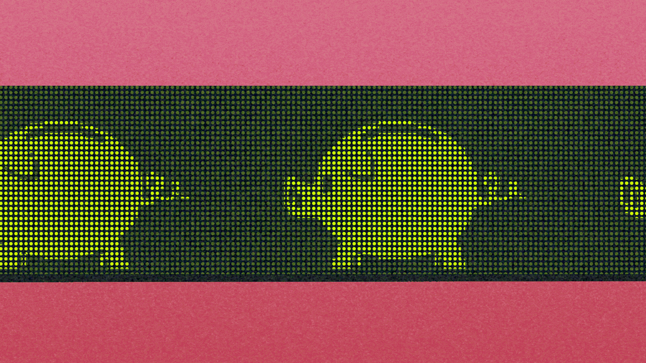 Animated illustration of a digital stock ticker with pixelated images of piggy banks with coins falling into them moving across it from right to left.