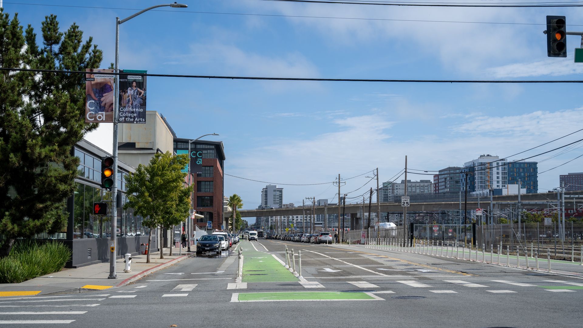 Urban street scene with bike lanes marked in green, traffic lights turning amber, banners for California College of the Arts, parked cars, and a partly cloudy blue sky.