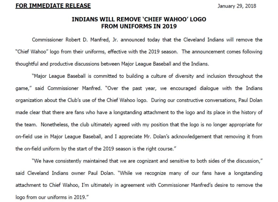 Cleveland Indians Will Remove Chief Wahoo Logo from Uniforms