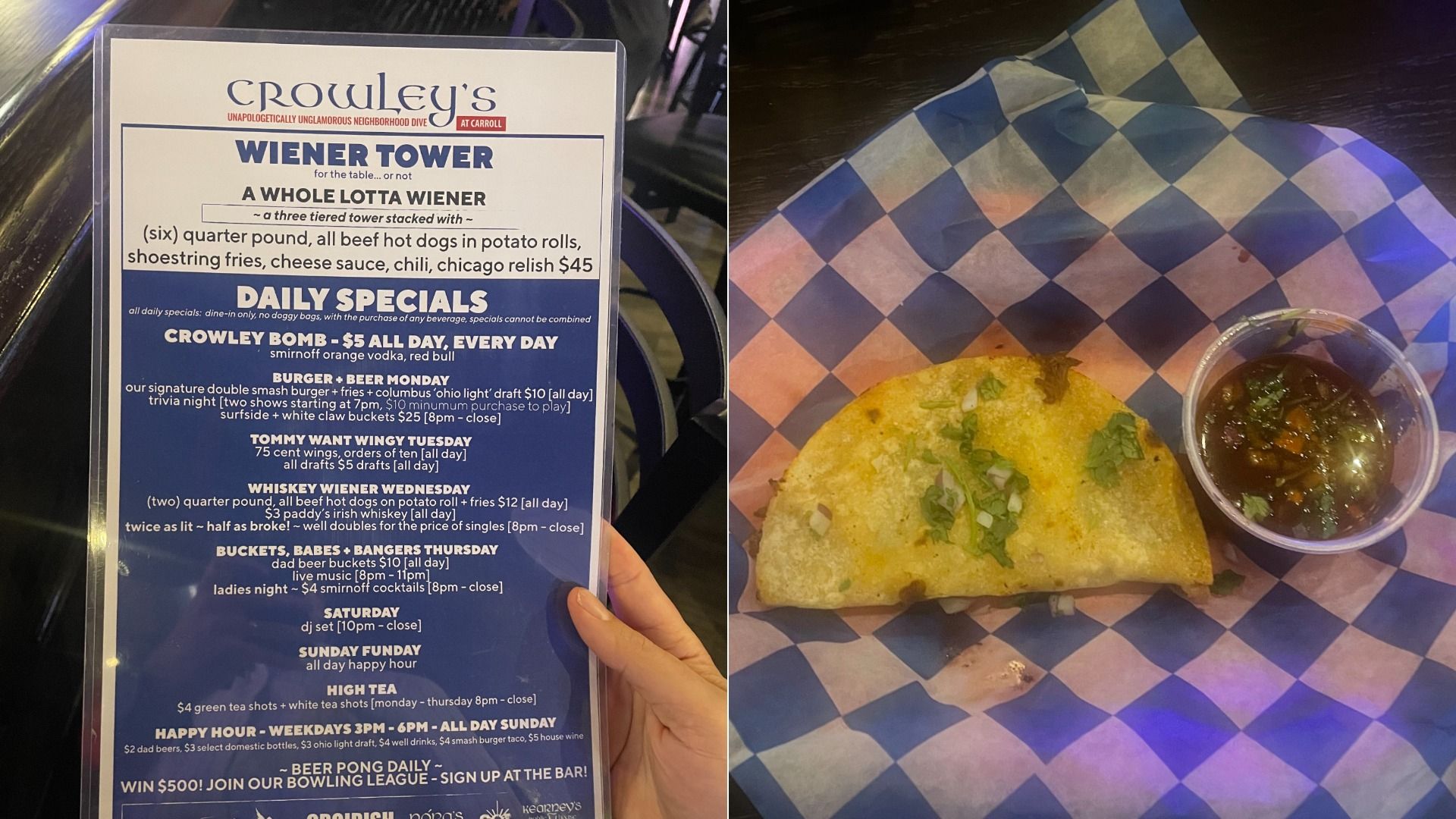 Left: Crowley's menu card with blue text, headline "WIENER TOWER." Right: a half-eaten yellow flatbread taco with cilantro on blue-and-white checkered paper, served with a small cup of salsa.