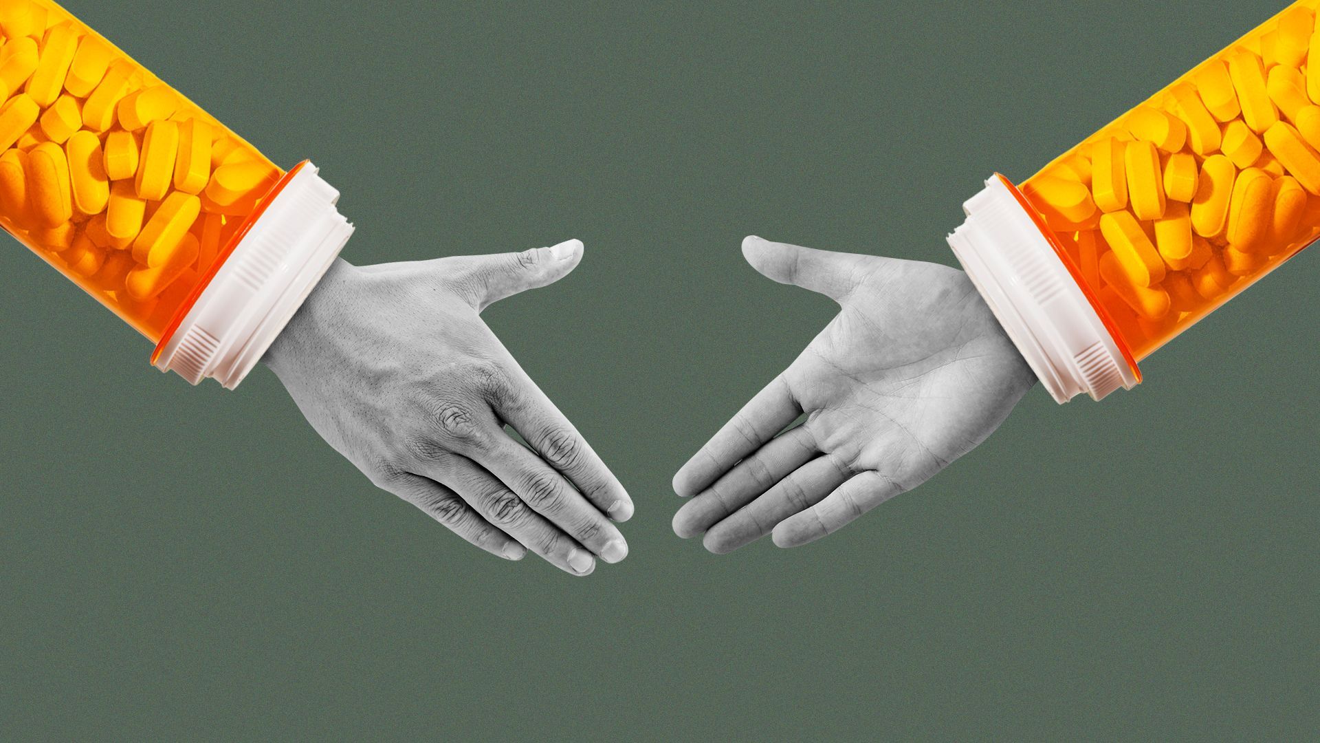 Illustration of people shaking hands with pill bottles as sleeves.