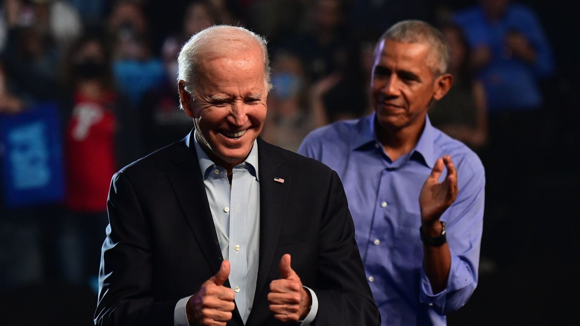 President Joe Biden (L) and former U.S. President Barack Obama (R) rally for Pennsylvania Democratic Senate nominee John Fetterman and Democratic gubernatorial nominee Josh Shapiro at the Liacouras Center on November 5, 2022 in Philadelphia, Pennsylvania.