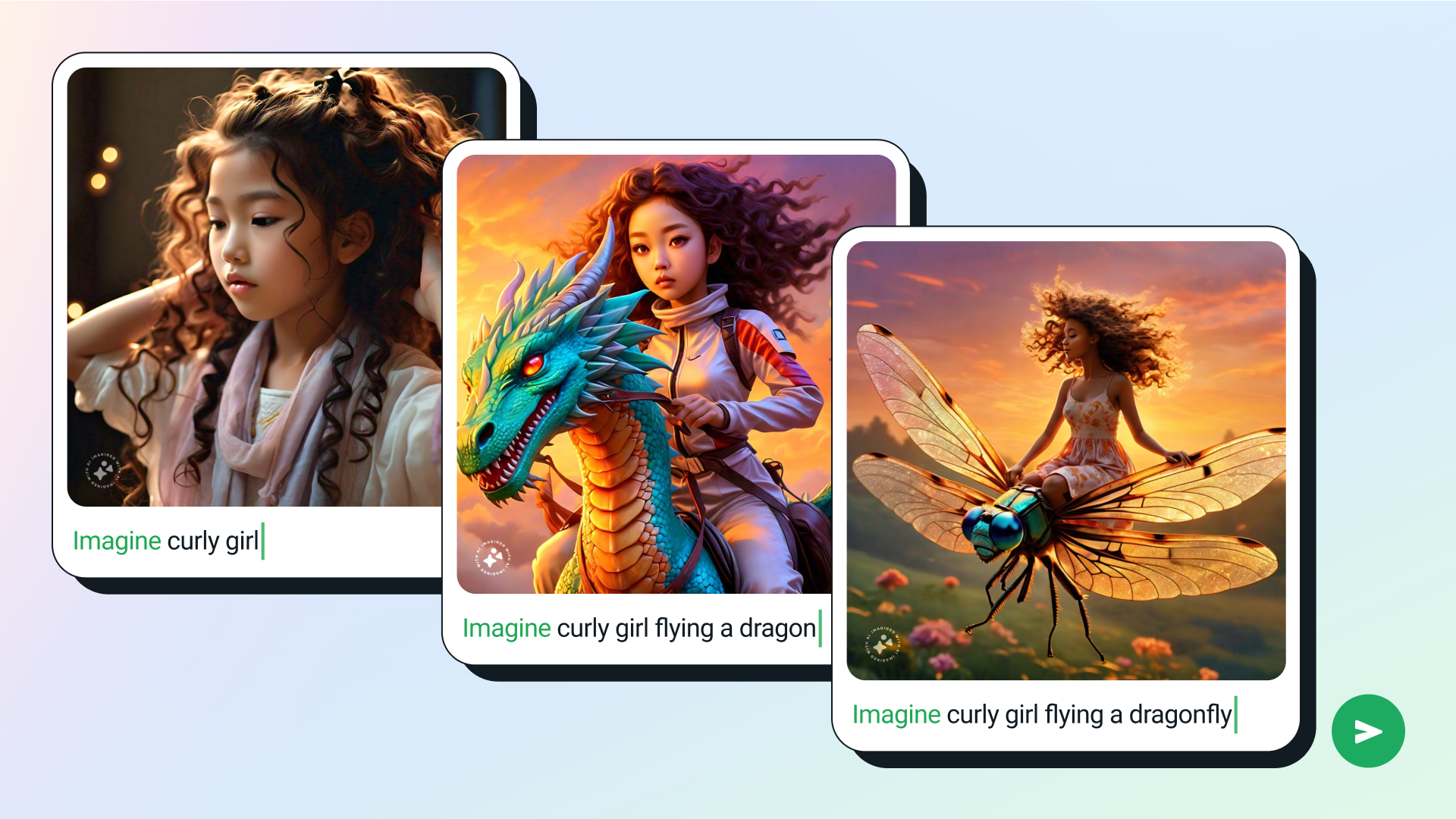 Three images of a girl created by AI. The first is a human, the second is an AI human hybrid on a dragon, and the third image is the girl on a dragonfly