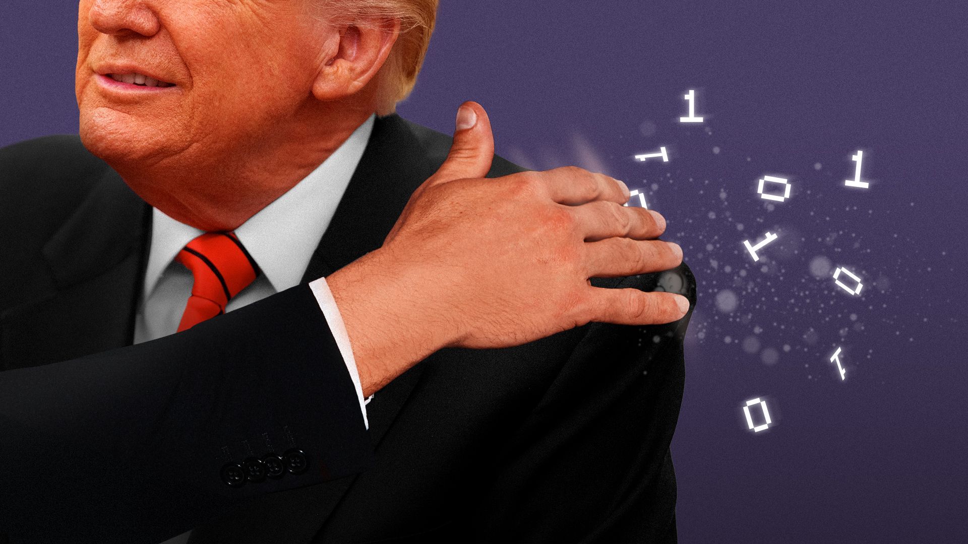Photo illustration of President Donald Trump dusting binary off of his shoulder.