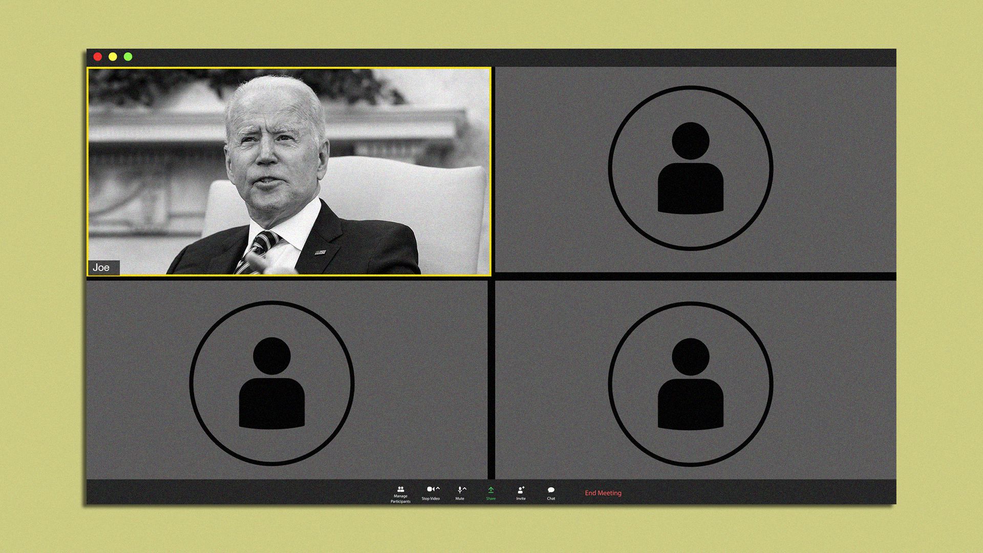 Photo illustration of President Biden in a Zoom room with anonymous participants. 