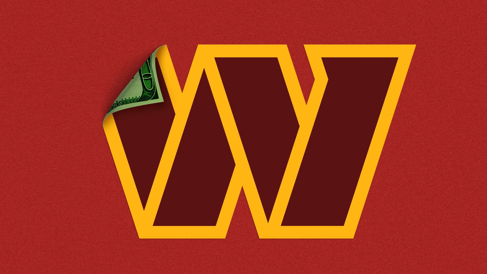 Illustration of the Washington Commander's logo peeling back to reveal a hundred dollar bill on the reverse side