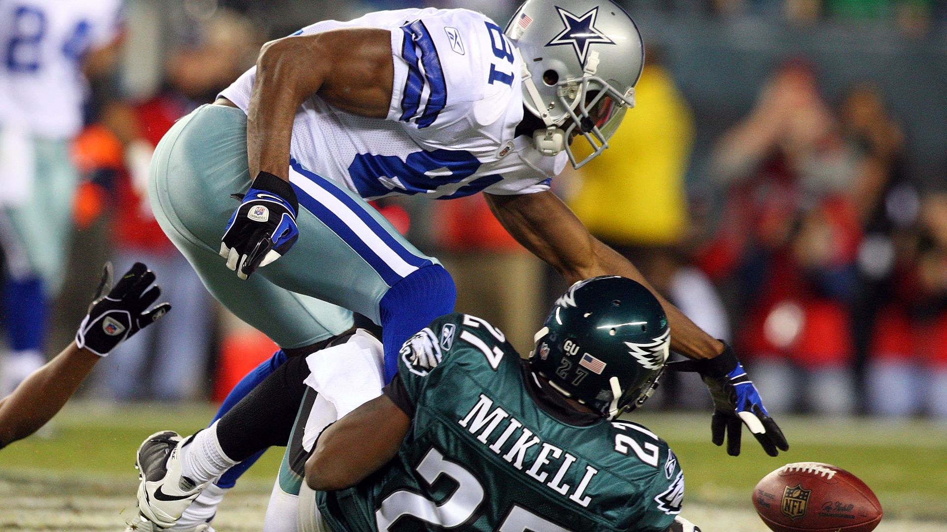 Former Eagles wide receiver Terrell Owens, then with Dallas,  being defended by then-Eagles safety Quintin Mikell at Lincoln Financial Field in 2008. 