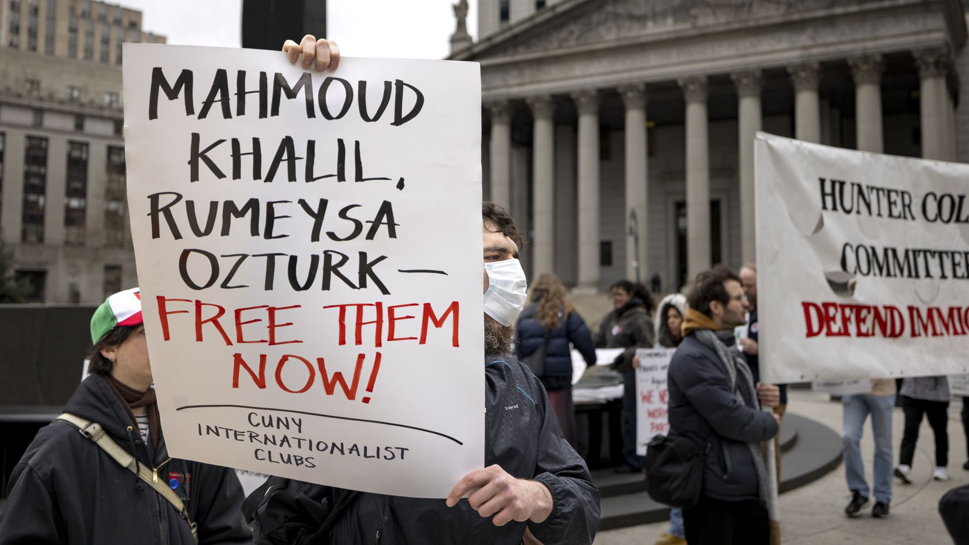 Students and faculty from the City University of New York hold a rally supporting international students who have had their visas revoked by the Trump administration.  
