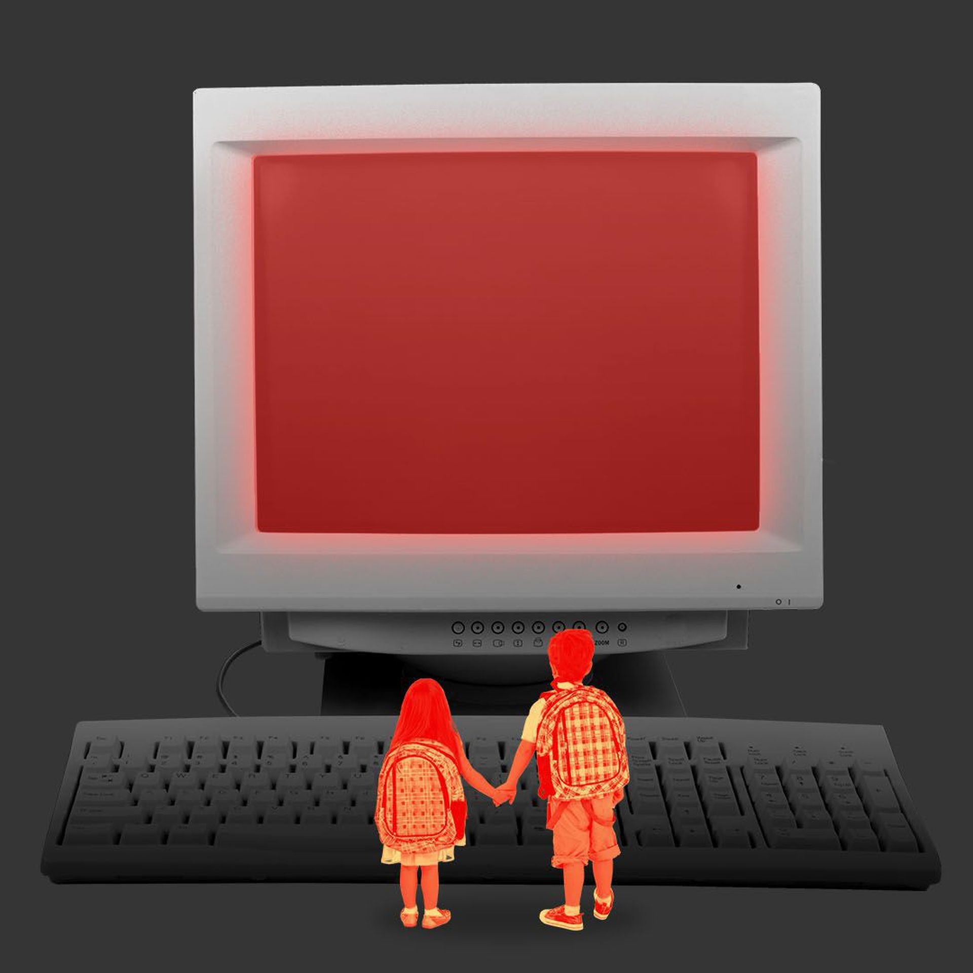 an illustration of kids in front of a giant computer
