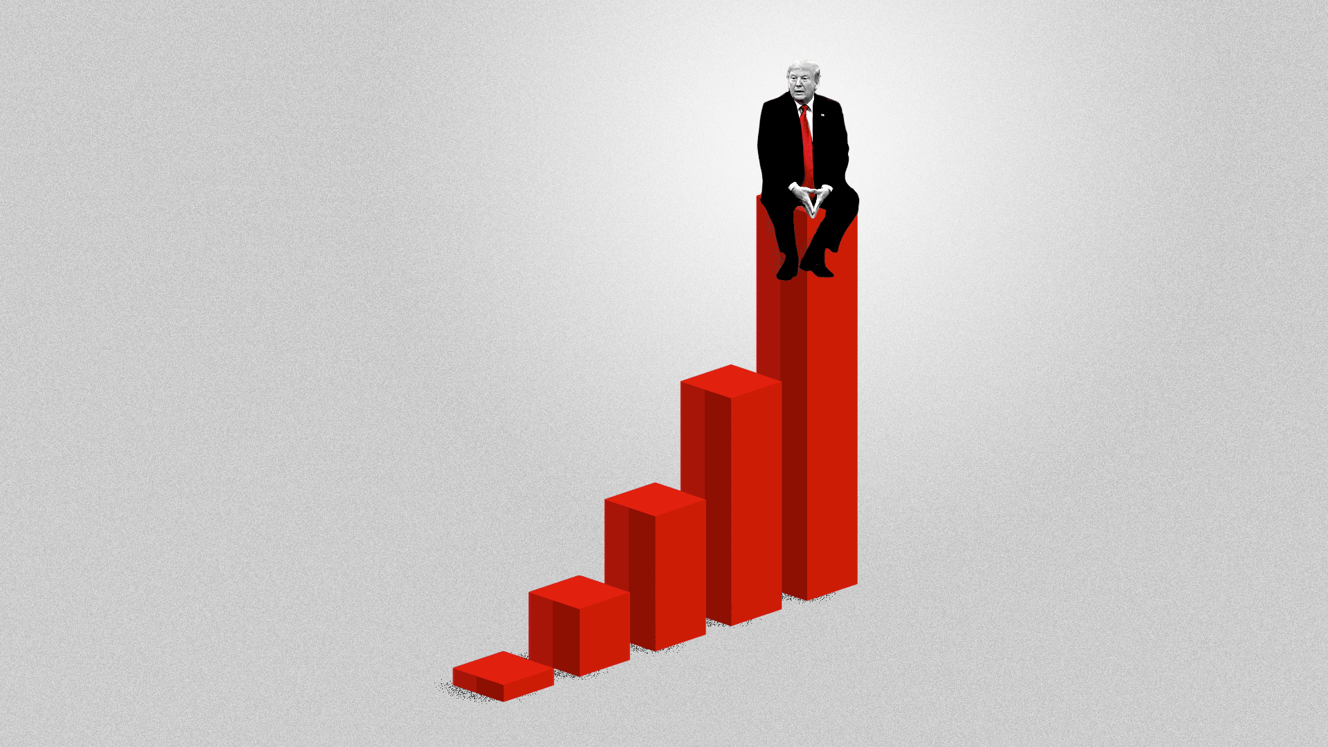 Illustration of President Trump sitting on the tallest of five bars of a bar chart.