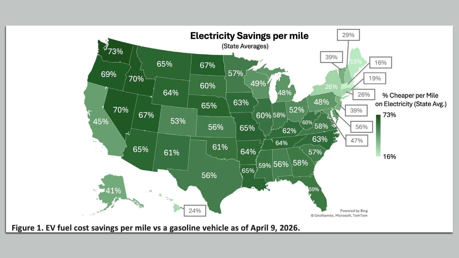 Map showing fuel cost savings from using EVs compared to gas-powered cars