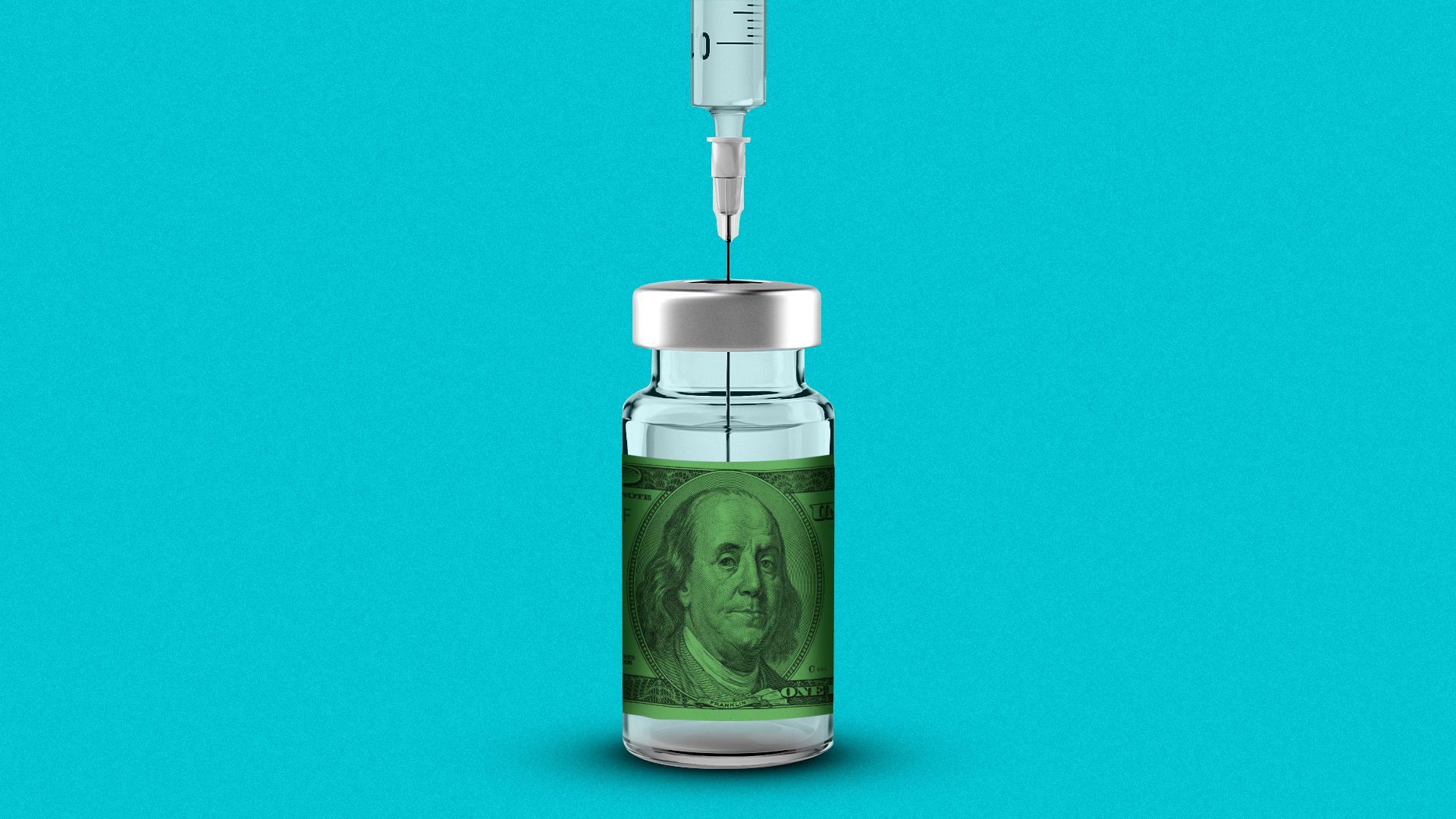 Illustration of a syringe pulling from a vial with a hundred dollar bill as a label.  