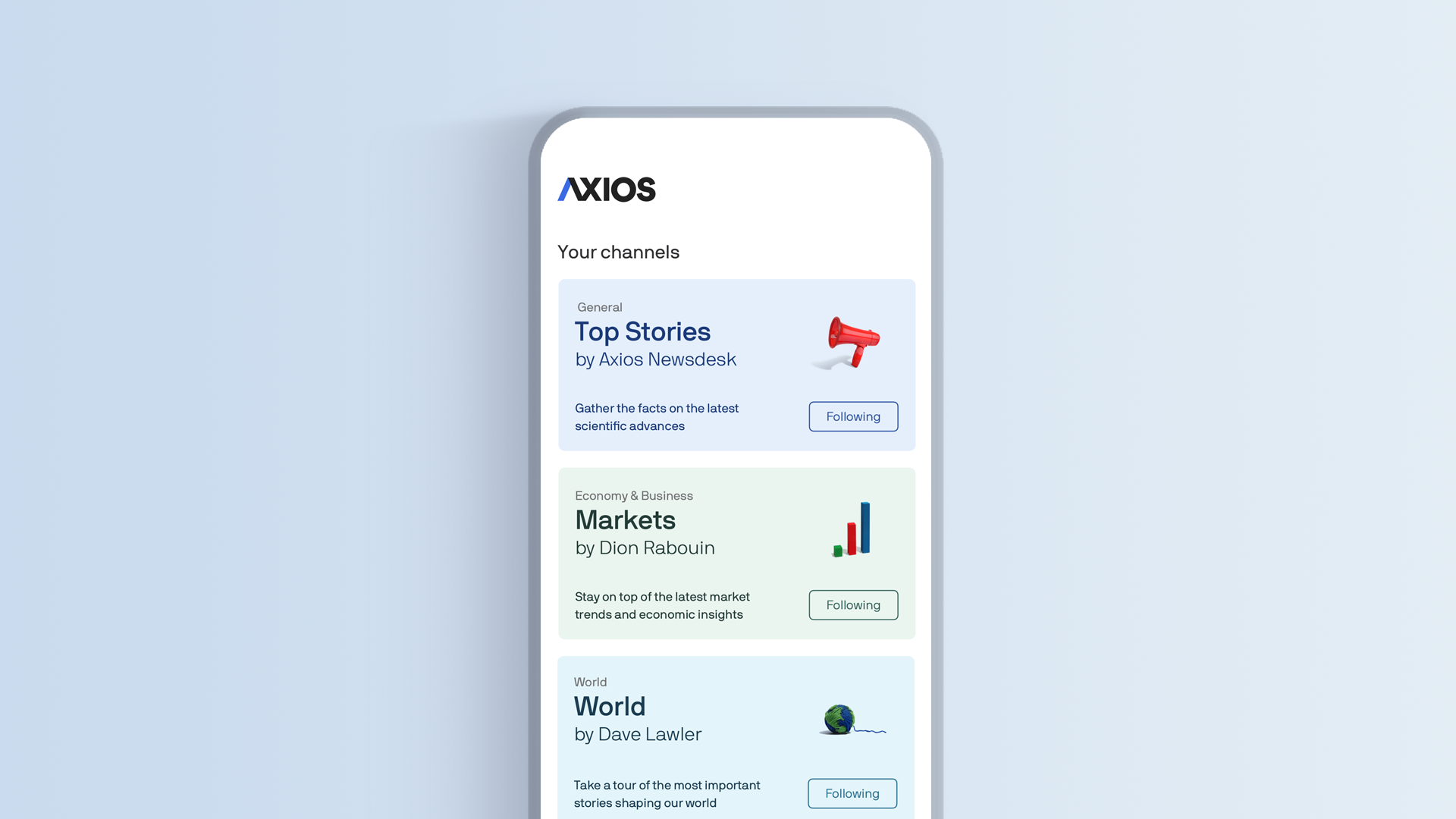 A photo of the Axios app on an iphone