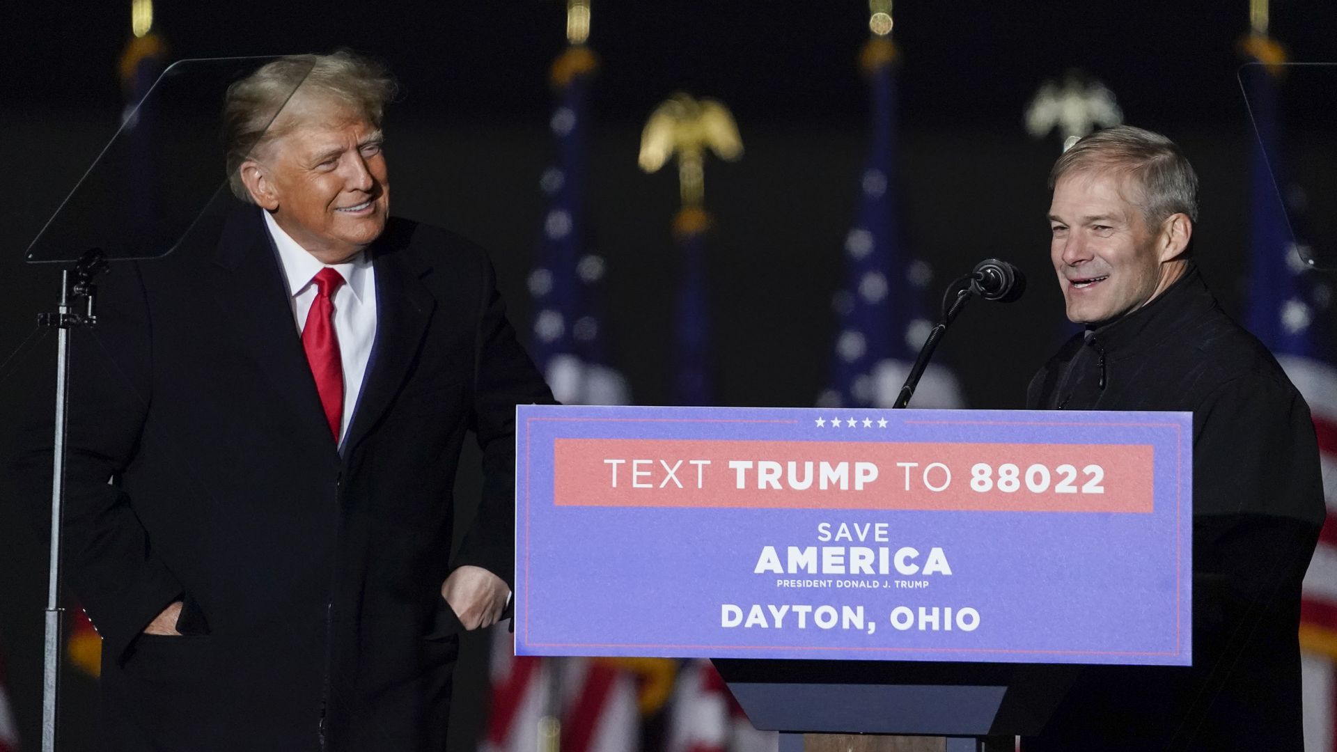 Representative Jim Jordan, a Republican from Ohio, right, speaks on stage with former US President Donald Trump during a 'Save America' rally in Vandalia, Ohio, US, on Monday, Nov. 7, 2022. 