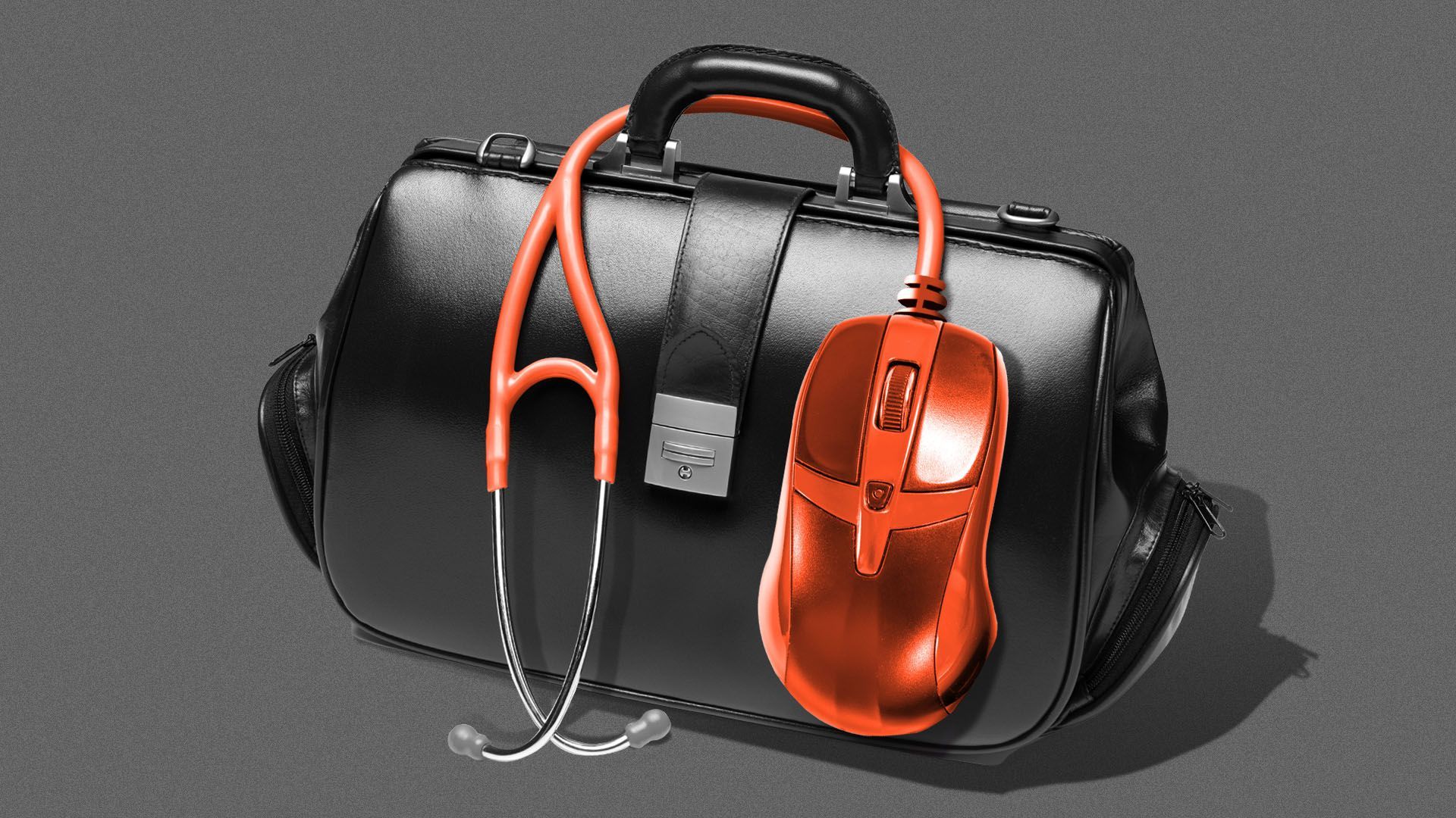 Illustration of a doctor's bag with stethoscope featuring a computer mouse at the end
