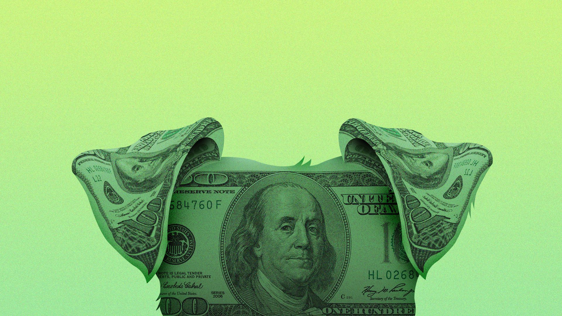 Illustration of hundred dollar bills in the shape of a dog's head and two floppy ears.