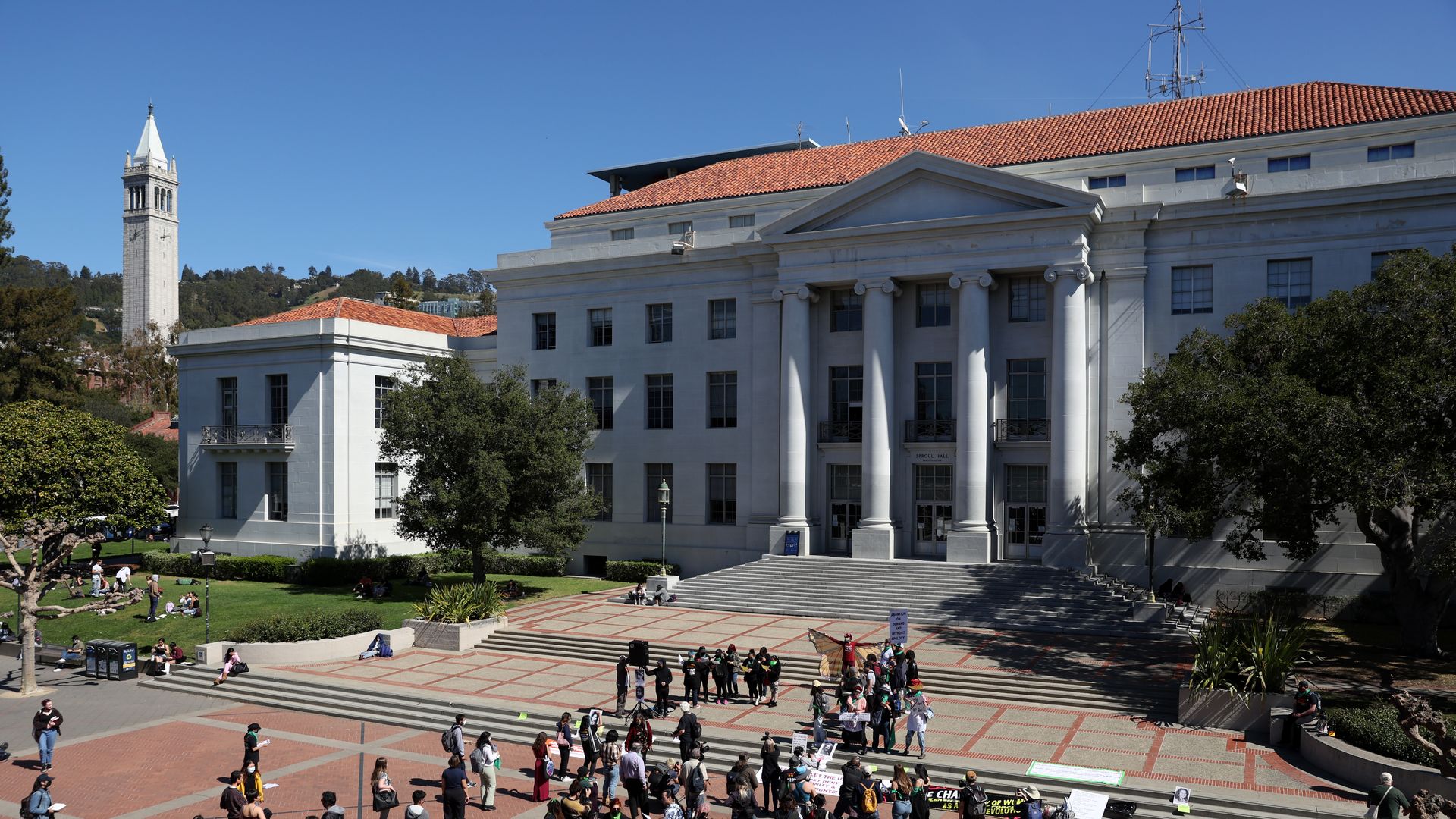 BERKELEY, CALIFORNIA - MARCH 08: Demonstrators hold signs as they stage a protest in favor of abortion rights on the steps of Sproul Hall on the U.C. Berkeley campus on March 08, 2022 in Berkeley, California. Dozens of demonstrators staged a protest at U.C. Berkeley advocating for abortion rights on