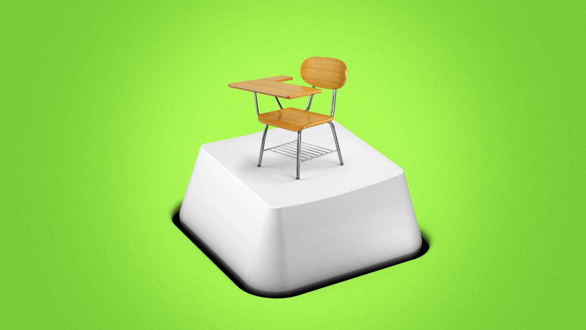 Illustration of a small student's desk sitting atop an individual key from a keyboard. 