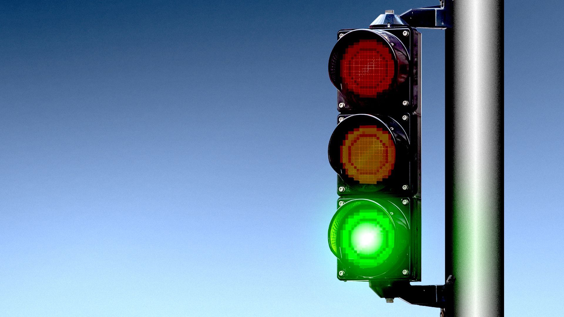 Illustration of a traffic light with pixelated coins in each light, and the lit color is green.