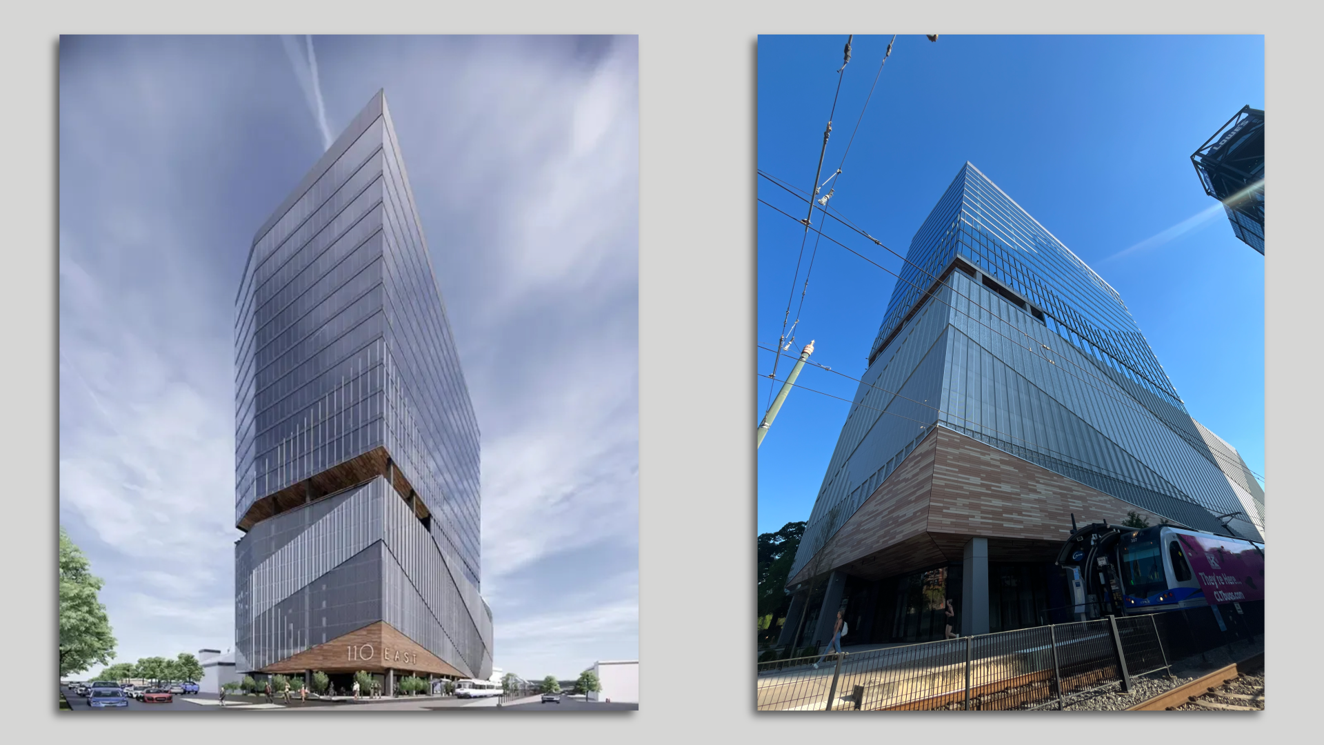Rendering and real-life photo of 110 East building