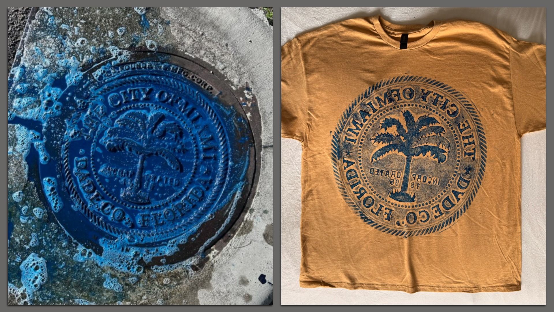 A Miami manhole cover painted blue becomes a printed t-shirt.