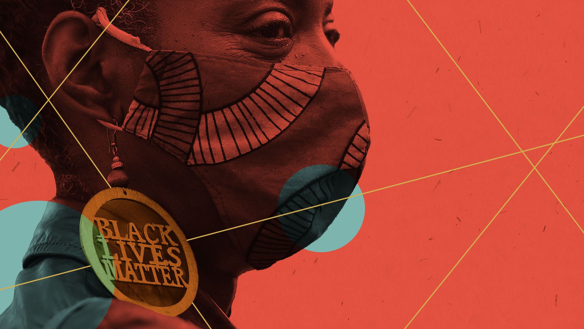 Photo illustration of a masked black woman wearing a Black Lives Matter earring