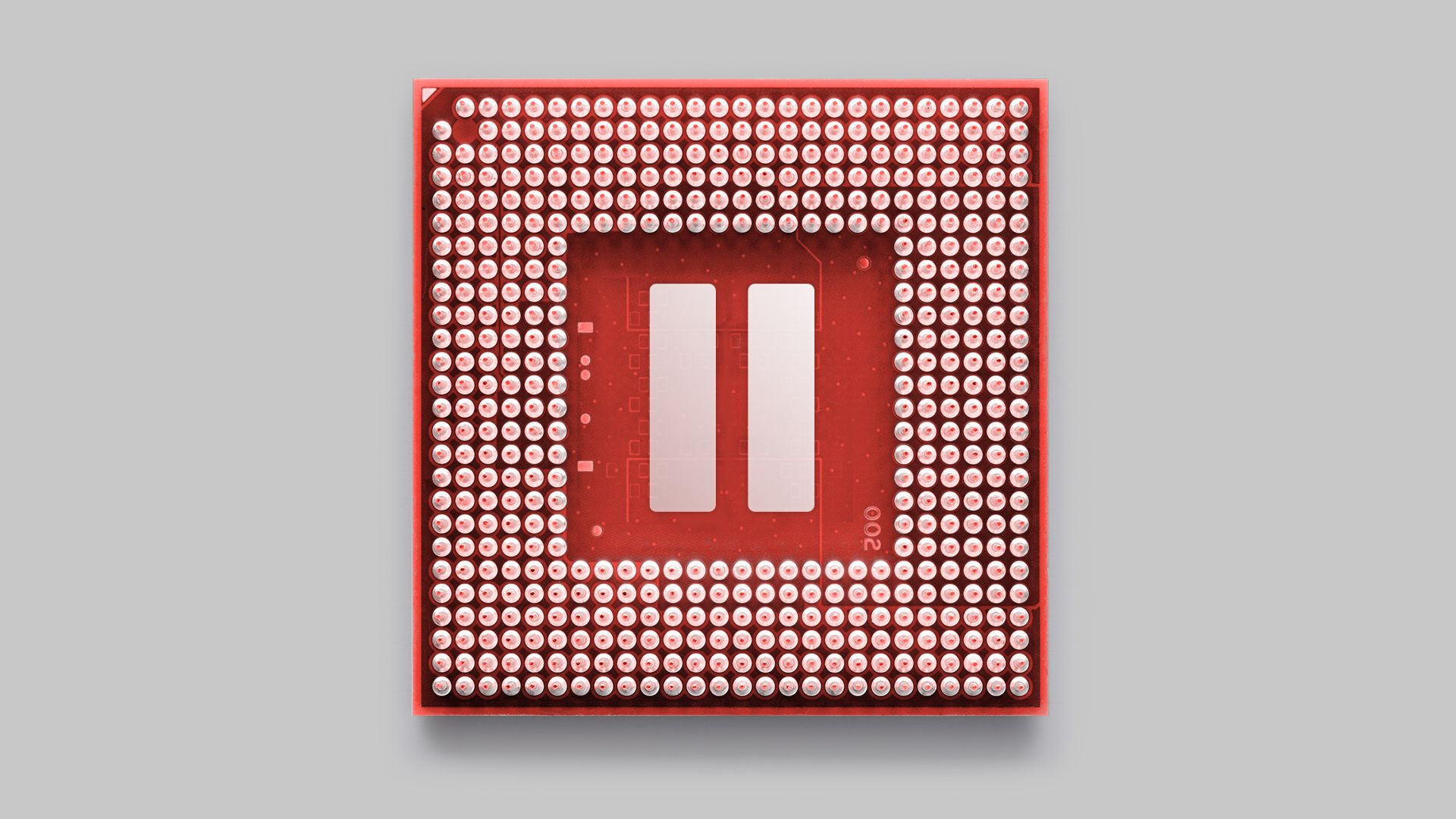 Illustration of a computer chip with a pause button in the center.  